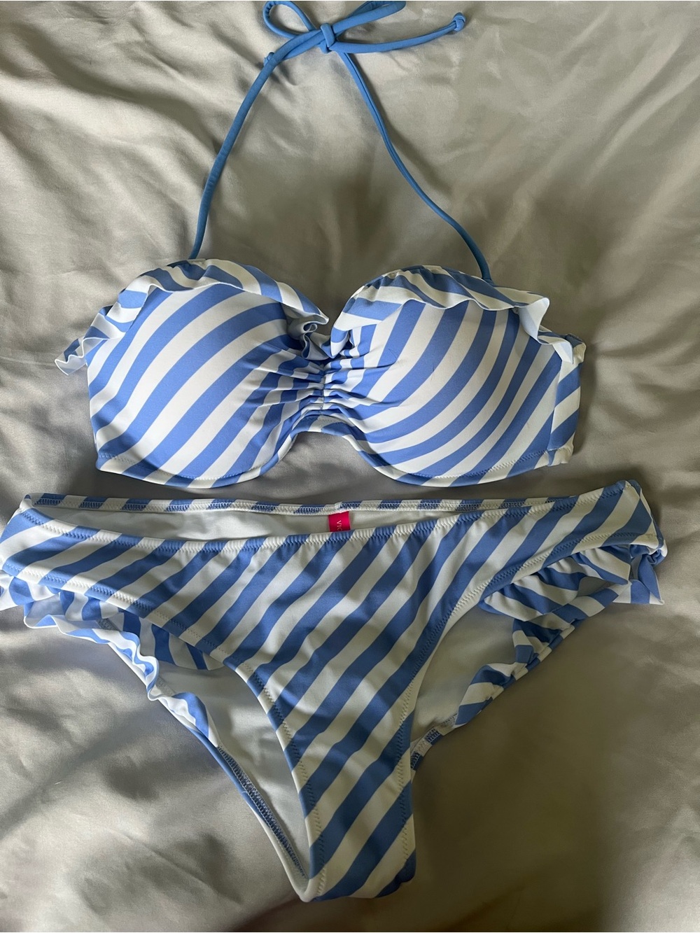 Victoria's Secret Blue and White Striped Ruffle Bikini Top 36C and med bottom